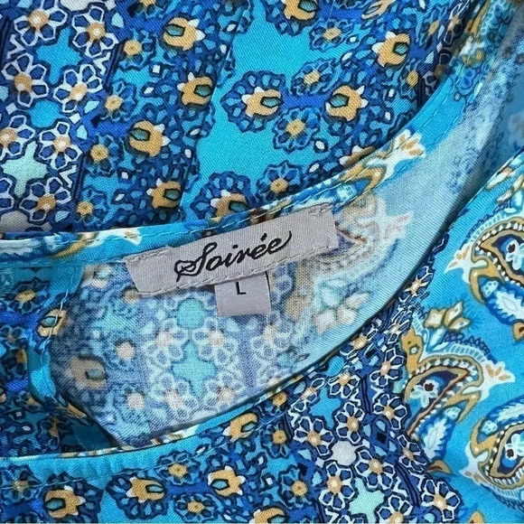 Soiree Floral Blouse Large Blue Yellow Sleeveless Tank Top Backside Button Up - Picture 5 of 5